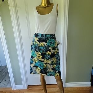 ANN TAYLOR Tropical Watercolor Blue Floral Hawaiian Skirt Lined Sz 12